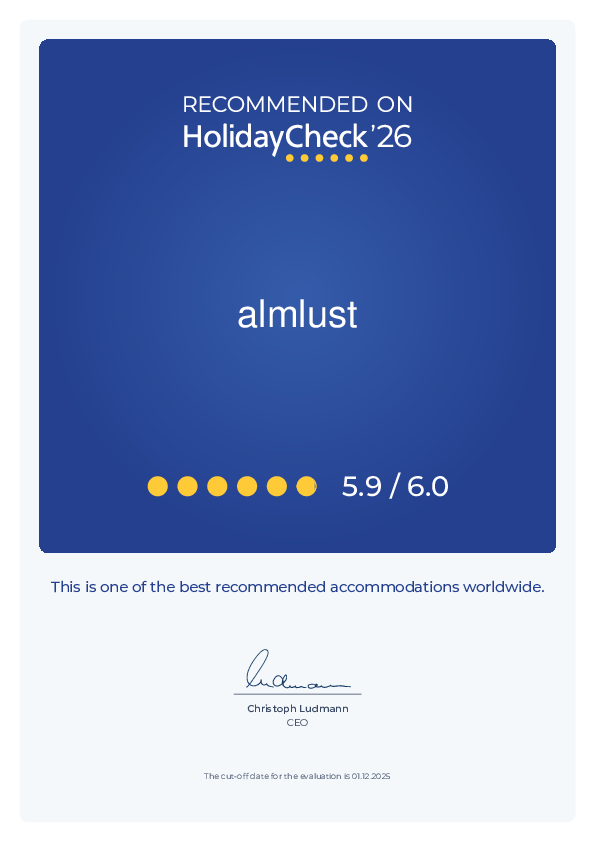 HolidayCheck Award 2025 for almlust with a rating of 5.9 out of 6.0 points