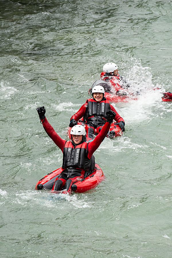 Group enjoying a Riverbug adventure in Flachau – full gear, big smiles, and whitewater fun.