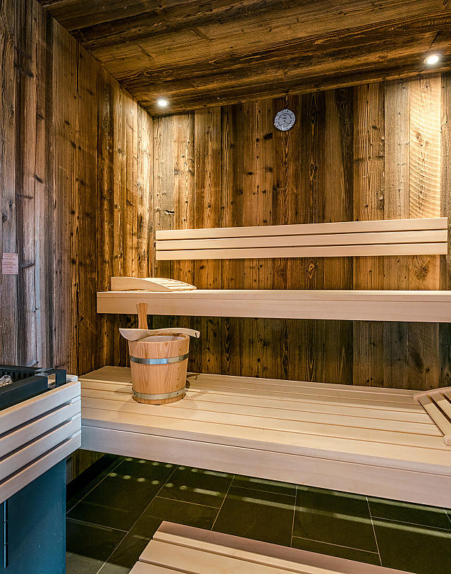 Sauna at the almlust spa in Flachau with wooden interior