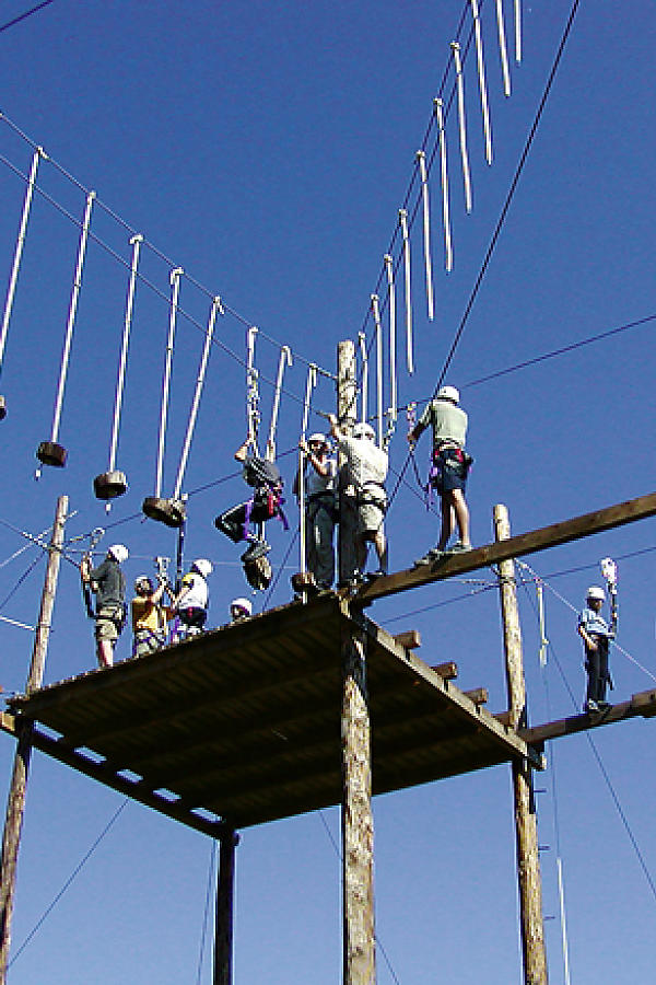 Mehrere Personen stehen gesichert auf einer Plattform im Hochseilgarten der almlust vor blauem Himmel